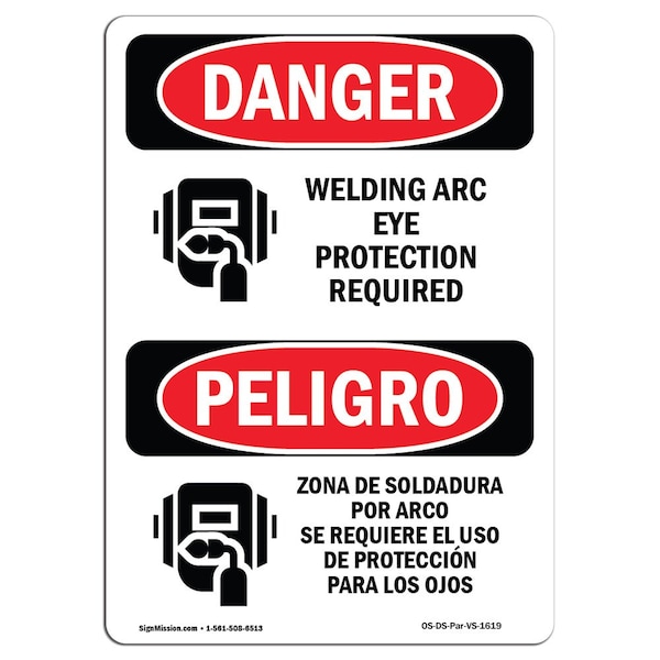 OSHA Sign, Welding Arc Eye Protection Bilingual, 18in X 12in Rigid Plastic, 12" W, 18" H, Spanish